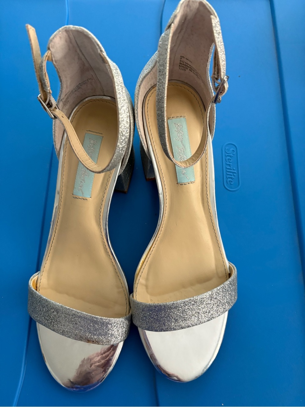 Betsey Johnson Silver Glitter Block Heel Sandals
